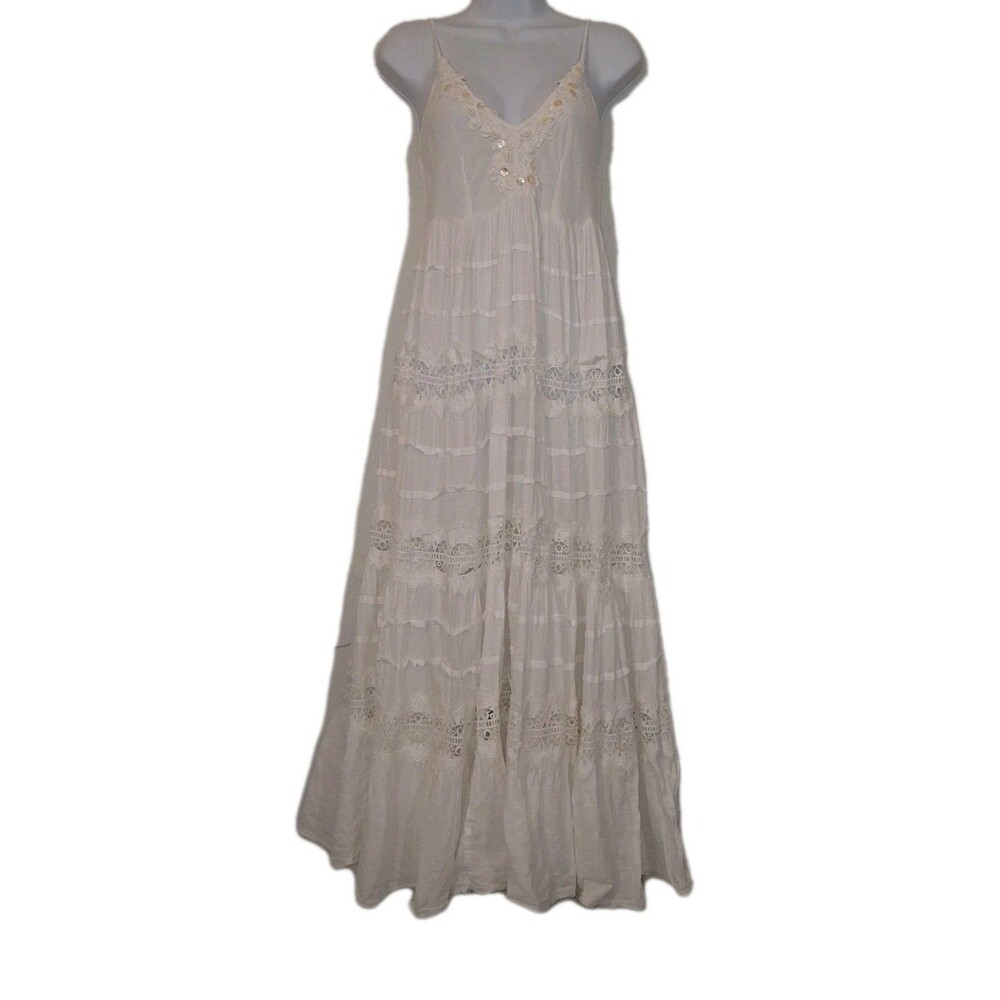 Cotton Beaded Embellished Crochet Maxi Dress Sz S Shell Boho Babydoll Whimsical